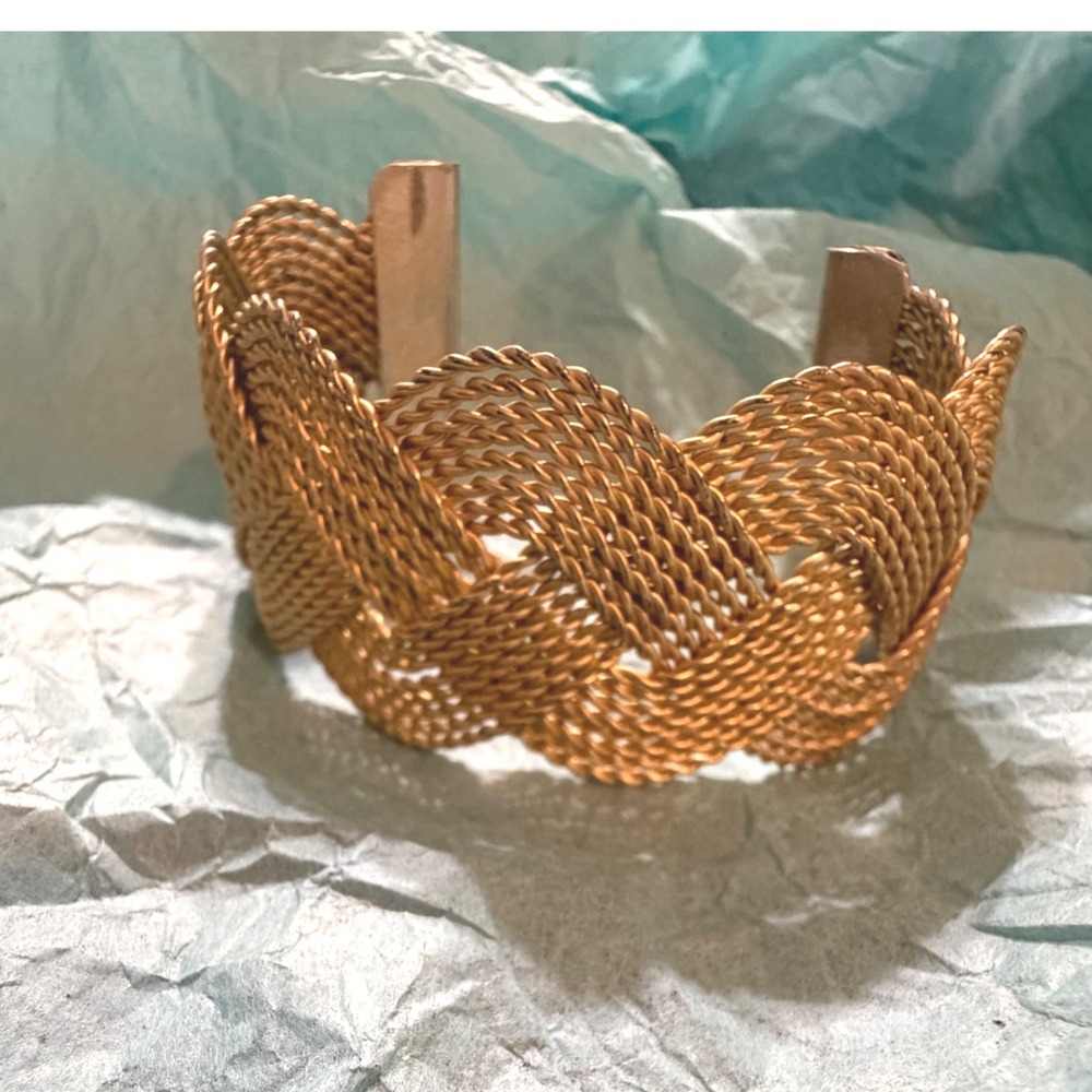 Vintage Gold Tone Braided Mesh Wide Cuff Bracelet‎ Statement Boho Jewelry